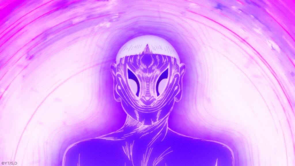 Still from Dan Da Dan: Evil Eye that depicts a mysterious disfigured individual radiating with purple light