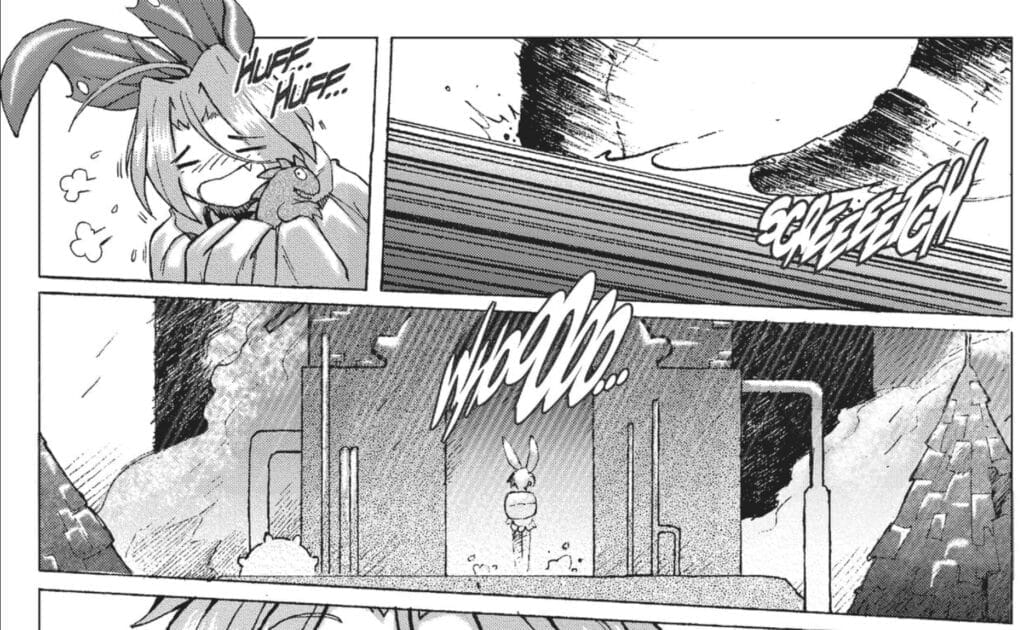 Three panels from Hollow Fields.
Panel One depicts a foot rushing against a moving surface, with the text "Screeetch!"
Panel two depicts a girl with a hair ribbon that's reminiscent of bunny ears, panting as she holds a tiny lizard. Text: "Huff... Huff..."
Panel three depicts the girl from panel 2, in a rear shot, walking into an alley in an unknown city. Sound effect text: "Whoooooo...."