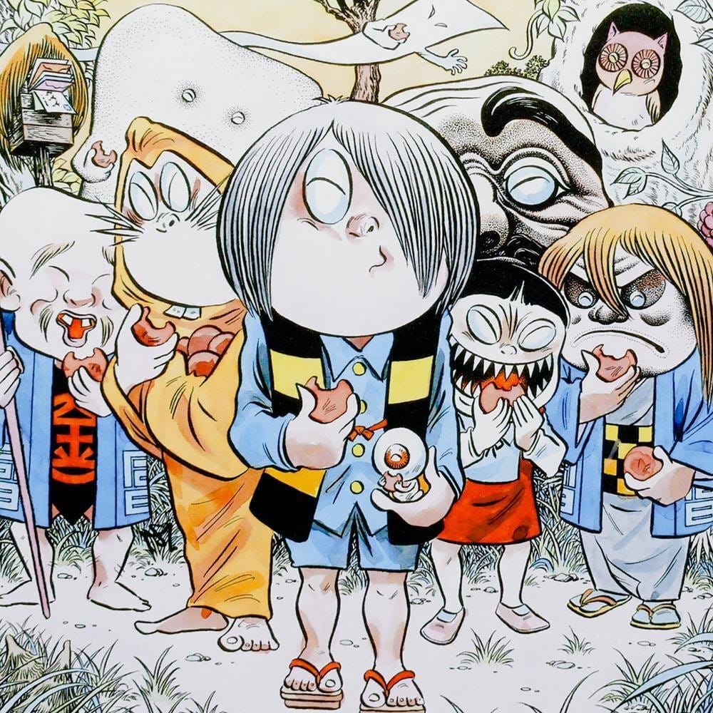 Image from GeGeGe no Kitaro that depicts Kitaro holding Daddy Eyeball as he eats a manju. His various friends, including Neko Musume and Rat Man are all behind him.