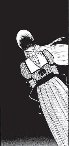 Panel from Her Frankenstein taht depicts a long-haired woman looming against a black background, her face fully obscured.