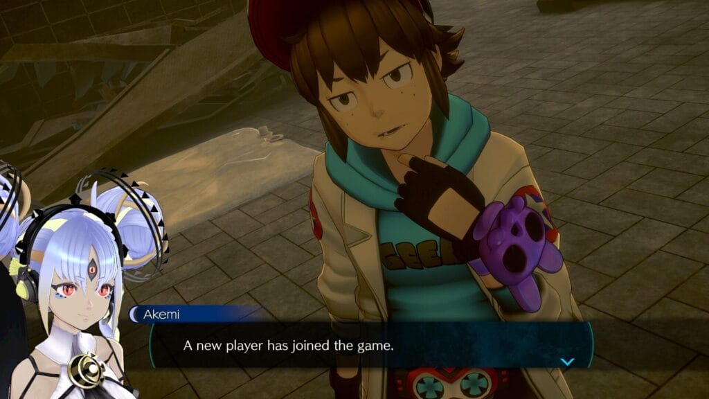 Still from No Sleep For Kaname Date that depicts a skeptical brown-haired person in a white jacket and teal sweatshirt. A blue-haired, three-eyed woman's portrait is next to a text box that reads "Akemi: A new player has joined the game."
