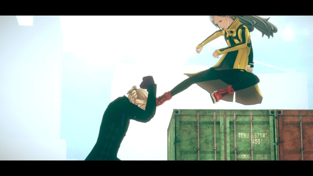 Still from No Sleep For Kaname Date that depicts a blonde man in a suit blocking a jump kick from a woman in a yellow jacket.