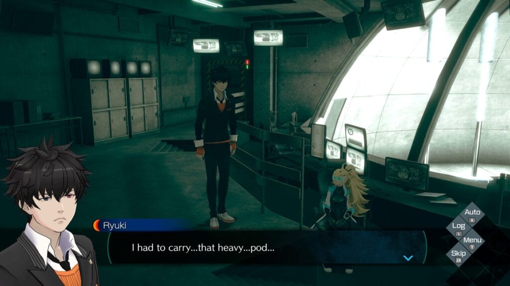 Still from No Sleep for Kaname Date that depicts Ryuki, a frumpy black-haired man in a sweater talking to a blonde woman with blue sunglasses.
Text: "I had to carry... that heavy... pod..."