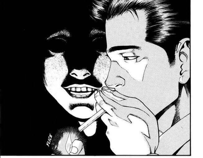 Panel from PTSD Radio that depicts a tired man lighting up a cigarette. In the dim light of the lighter's flame, a ghastly face is highlighted in the darkness behind him.