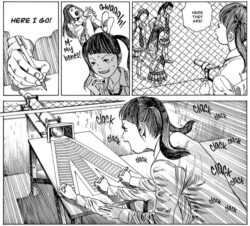 Panels from Super Dimensional Love Gun

Panel 1: A girl with pigtails defiant looks at three other girls through a chain link fence.

Speech bubble: "Here They Are!"

Panel 2: The  pigtailed girl grins as she imagines one of the girls, who has long hair, clutching her knee as she screams "Gwaaah! M-my bones!"

Panel 3: Close-up of a hand holding a pen.

SPeech bubble: "Here I go!"

Panle 4: The pigtailed girl rapidly filling out a sheet of paper that feeds into a gun-like contraption. Her hand is multiplied to imply the speed of her writing, as the word "Clack" is repeated throughout the panel.