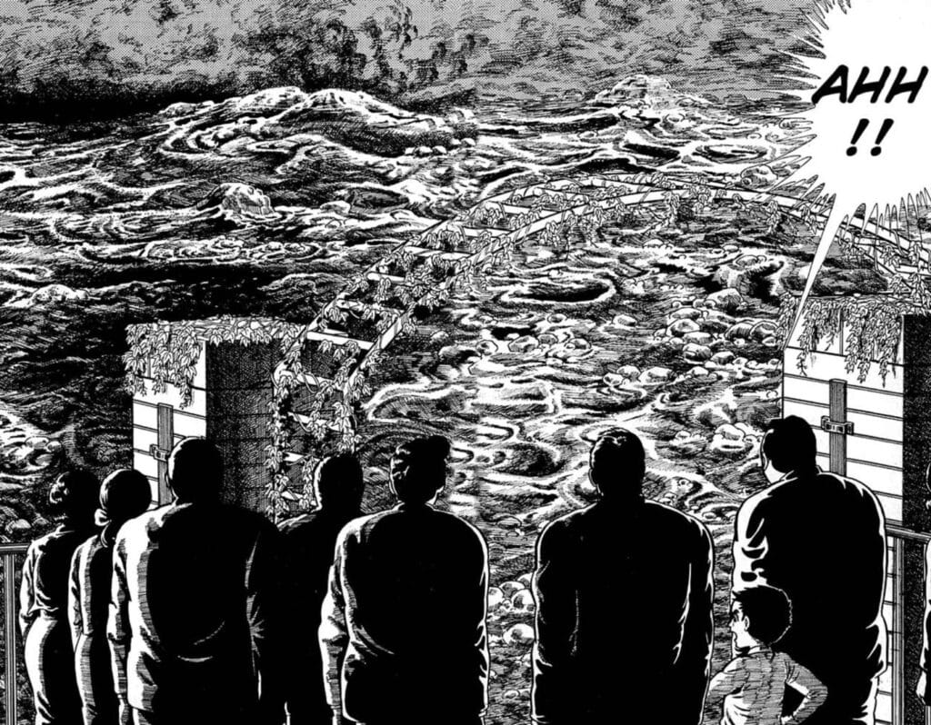 Panel from The Drifting Classroom that depicts several people staring at a warped wasteland, where water swirls around, and has overtaken the above-water surfaces.