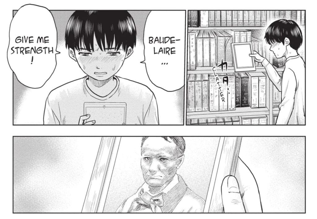 Three panels from The Flowers of Evil.
Panel 1: A boy with black hair wearing a long-sleeved shirt picks up a photograph.
Panel 2: Close-up of the boy, who is flush and distressed, as he says "Baudelaire... Give me strength!"
Panel 3: A close-up of the man in the photo, a rugged man with short hair and ascot