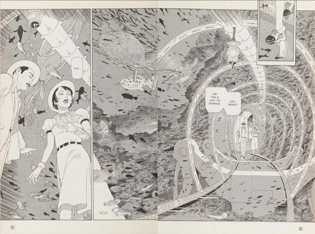 Two panels from The Strange Tale of Panorama Island that depict a man and a woman walking through an undersea tunnel. The woman is stunned by the sea life swimming around her.