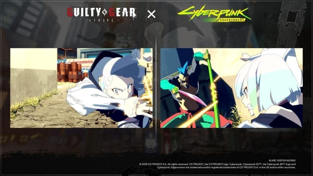 Two stills from Guilty Gear - STRIVE - that depict new character Lucy, from Cyberpunk Edgerunners, bursting into the scene