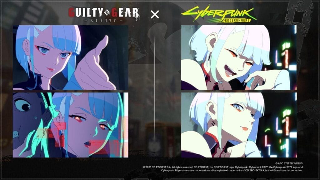 Four stills from Guilty Gear - STRIVE - that depict Lucy from Cyberpunk Edgerunners giving four expressions. From top-left to bottom-right, clockwise: Smirking, laughing, sizing up the viewer, lurking in wait behind a random person