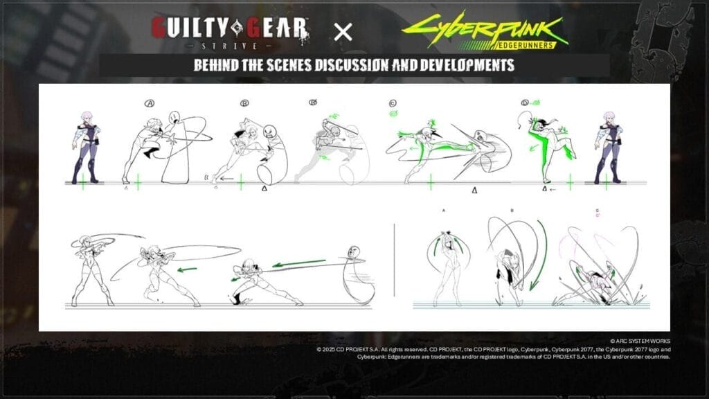 Image from Guilty Gear - STRIVE - that depicts various move sketches for new character Lucy.