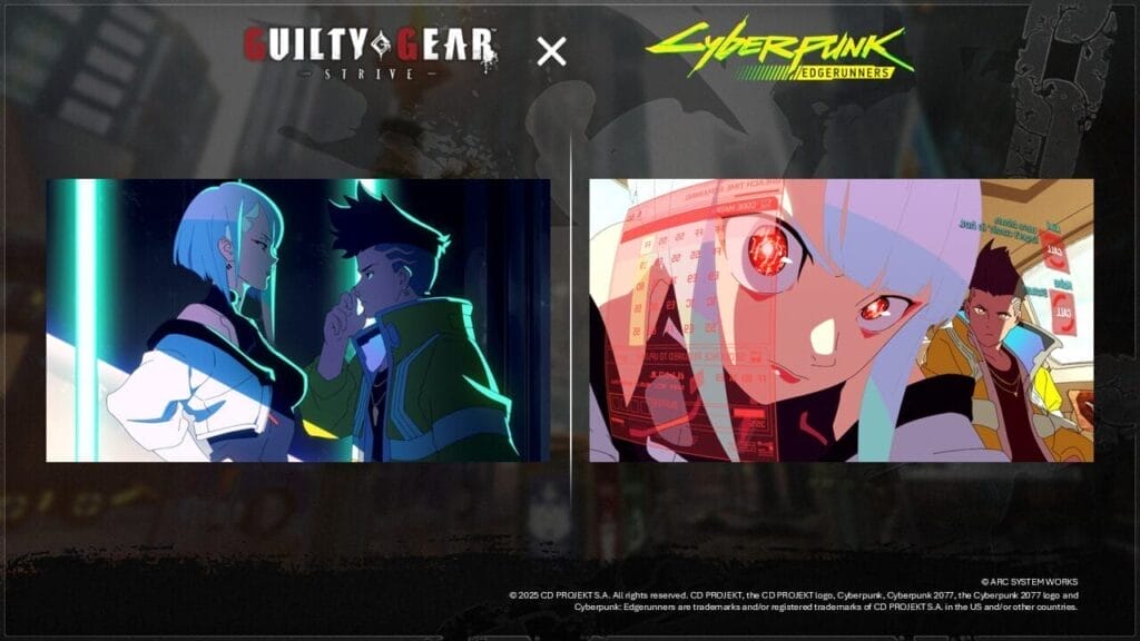Two stills from Cyberpunk Edgerunners that depict Lucy and David Martinez interacting with one another.