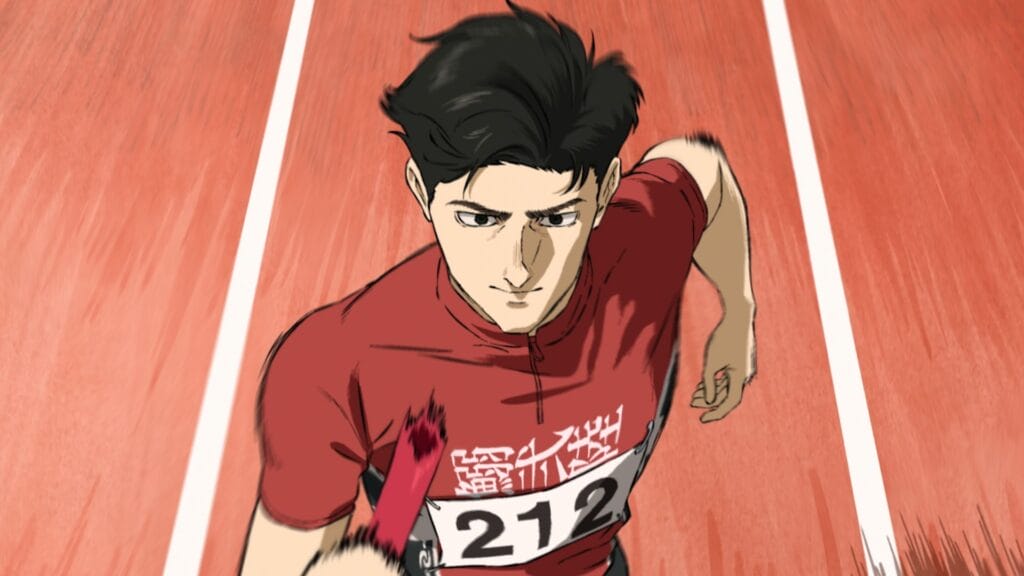 Still from 100 Meters that depicts a black-haired man wearing red running gear running down a track as he holds a baton