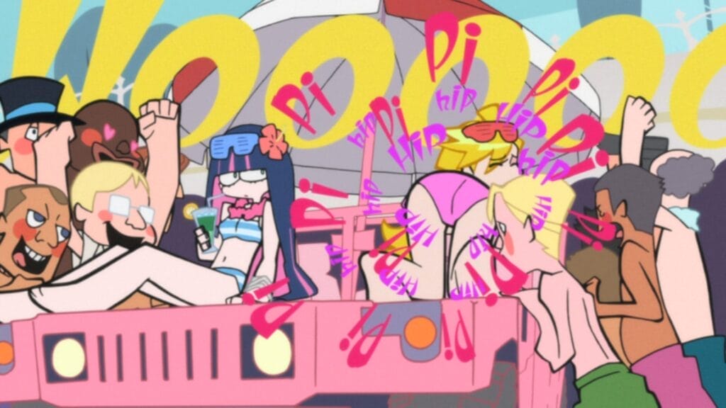 Still from Panty & Stocking with Garterbelt that depicts Panty and Stocking on top of a pink jeep as a crowd of men surround them, cheering. Panty is twerking in a pink bikini, as Stocking reclines, glaring at her in a striped blue-and-white swimsuit.
