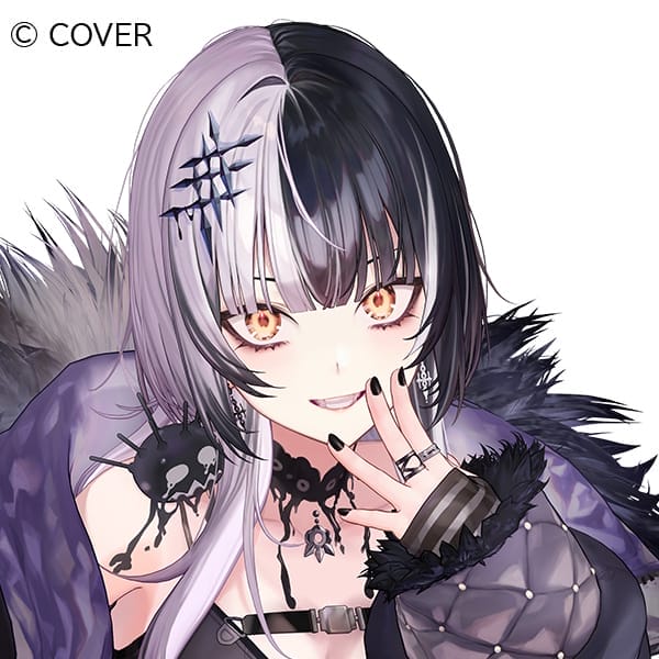 Headshot for Shiori Novella: a Vtuber woman with two-tones, black-and-white hair, amber eyes, and a goth motif. She's smirking at the camera.