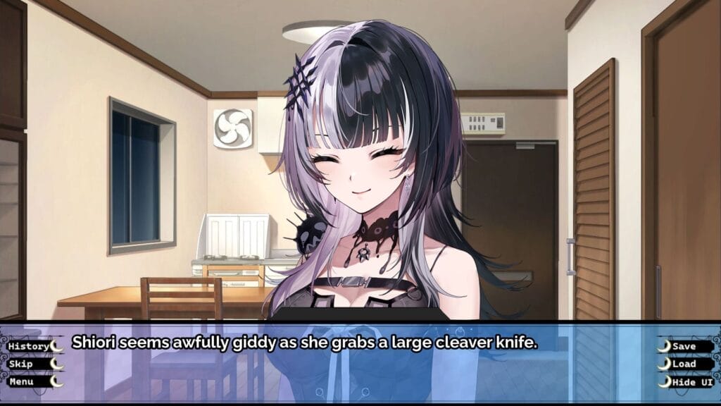 Still from visual novel "Snowed In" that depicts Shiori Novella, a VTuber with two-toned hair and a goth aesthetic, smiling in a small apartment.
Text: "Shiori seems awfully giddy as she grabs a large cleaver knife."