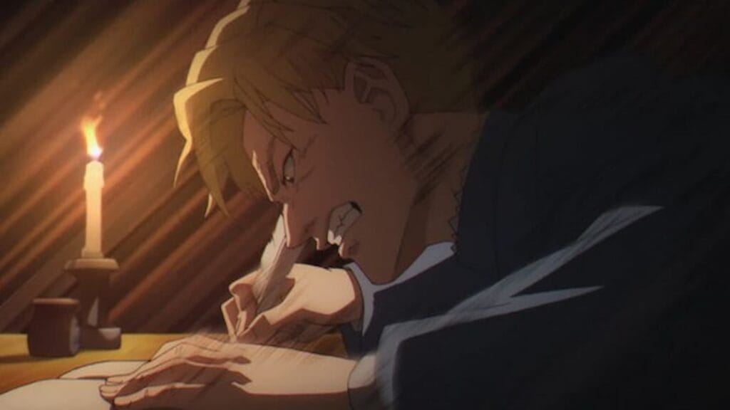Still from Orb: On the Movements of the Earth that  depicts a blonde male character wearing blue furiously writing by candlelight.