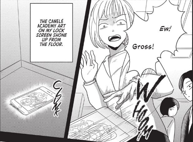 Panels from "Box of Light" that depict the following:
Panel 1: a short-haired woman hurling a phone down as her coworkers stare. She's screaming "Ew! Gross!' at what appears to be a cartoon or comic
Panel 2: That same phone depicting a magical girl.
Memory box: "The Canele Academy art on my lock screen shone up from the floor."