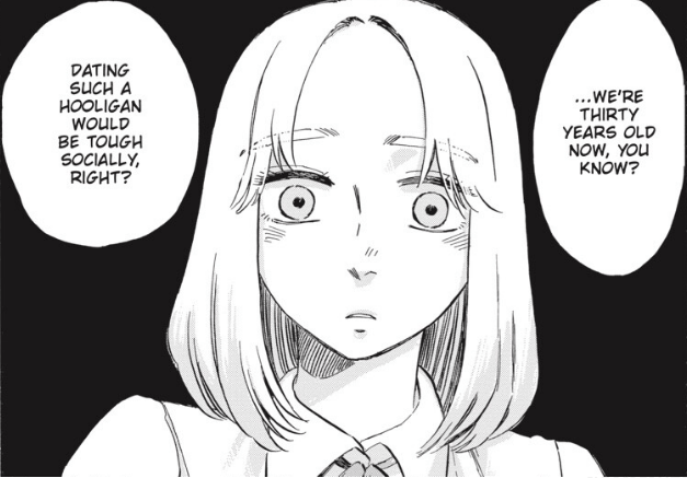 Panel from Takashi from the Bike Shop that depicts a middle-aged, blonde woman looking at the camera as she thinks "... We're thirty years old now, you know? Dating such a hooligan would be tough socially, right?"