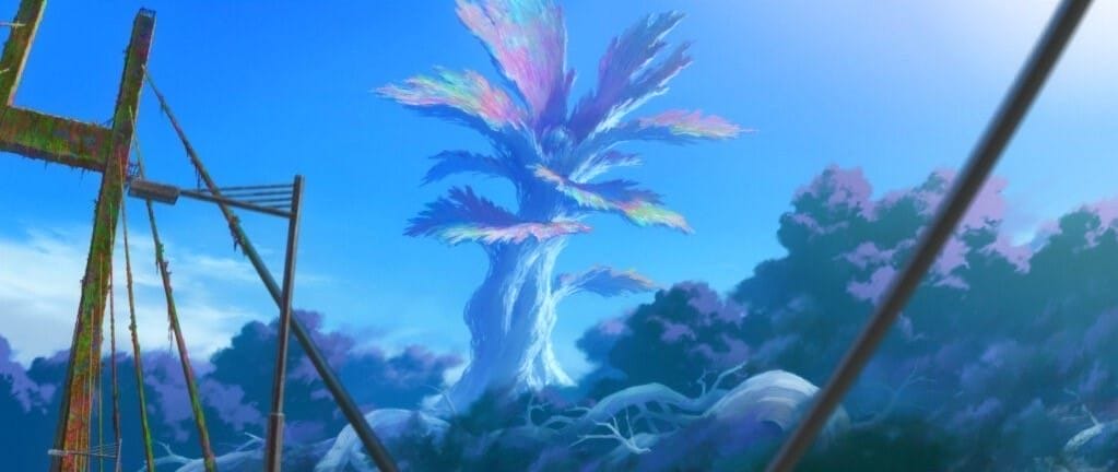 Still from All you Need Is Kill that depicts a mysterious, colorful plant against a blue sky