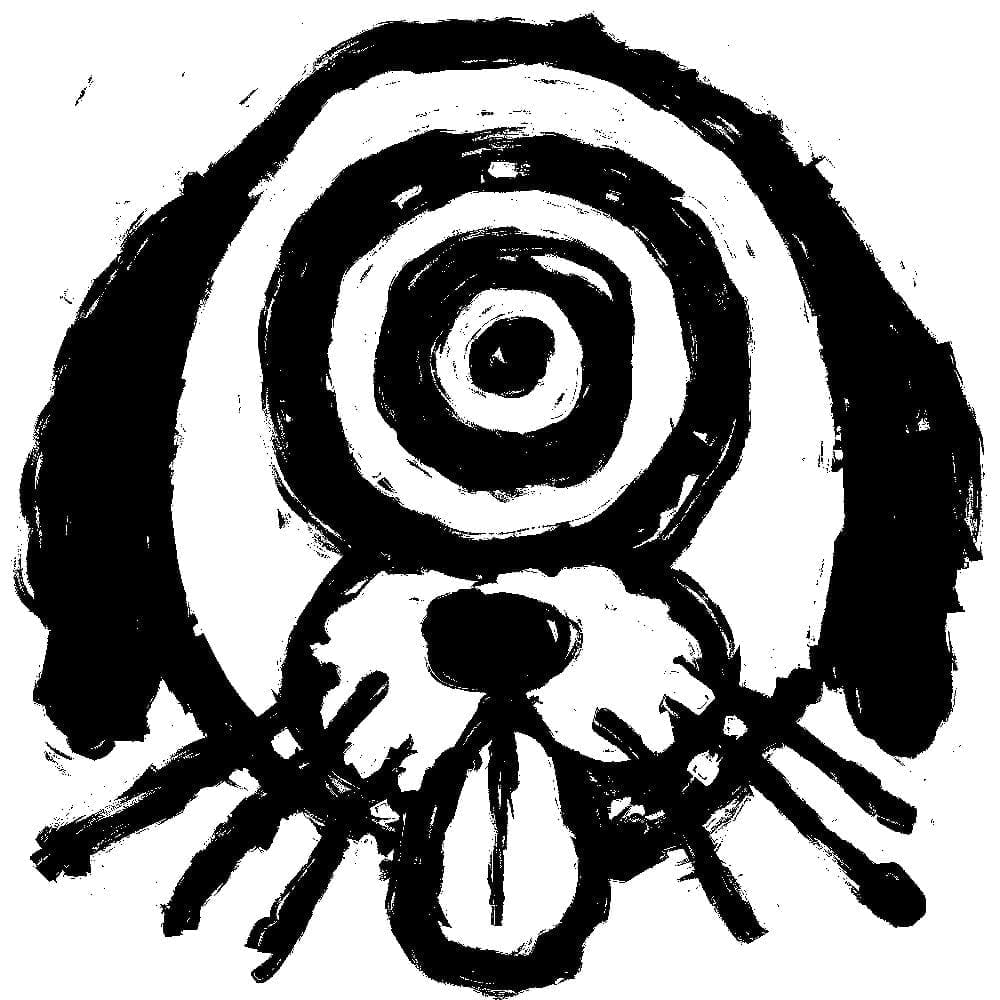 A self-portrait of artist Shinobu Seguchi that is a dog with a bullseye for an eye