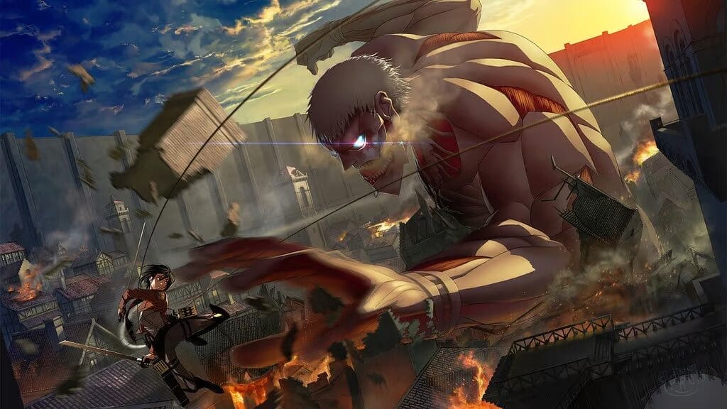 Artwork from Attack on Titan that depicts L:evi squaring off against the Armored Titan